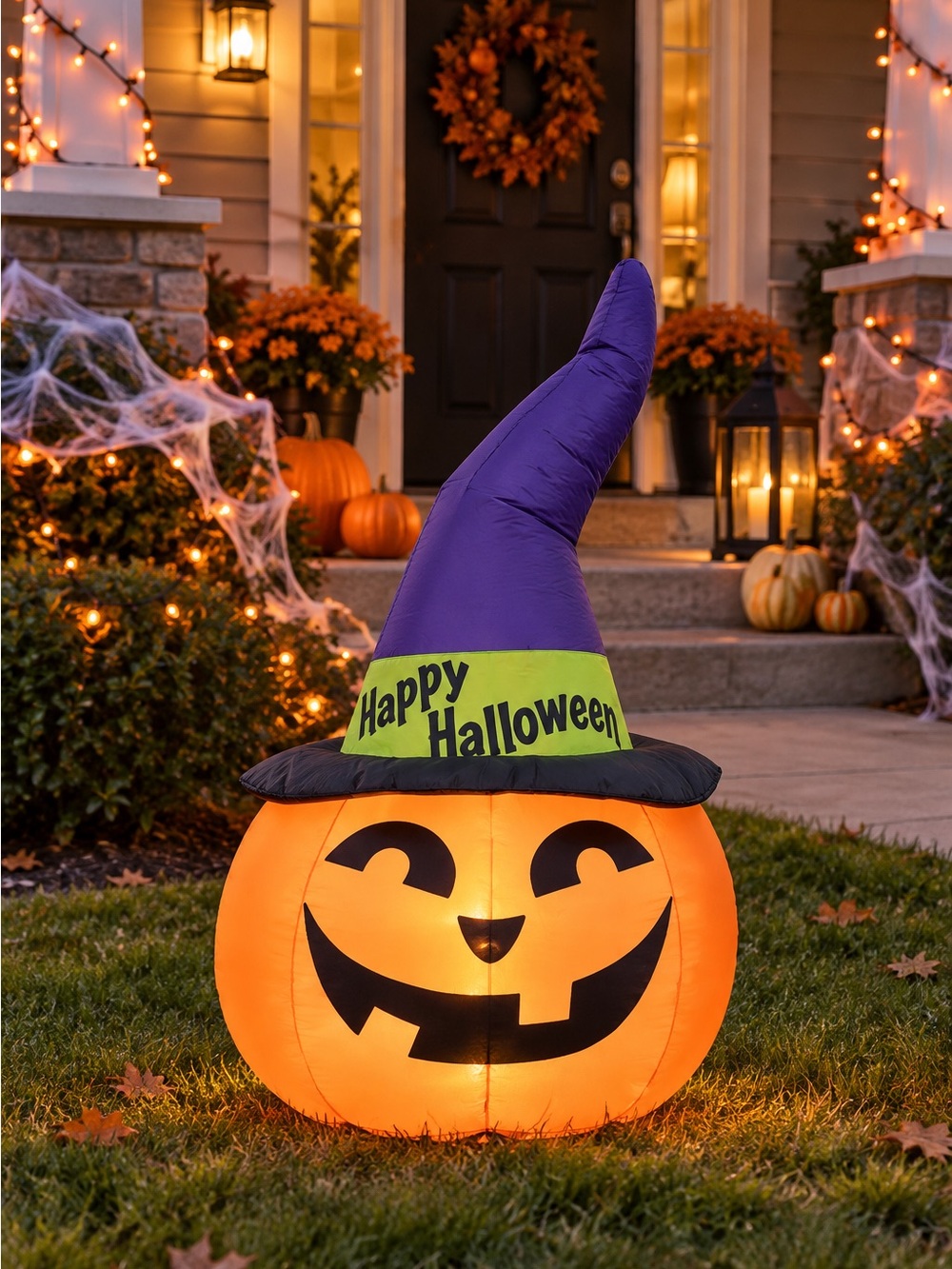 Halloween Gemmy 3.5 ft Pumpkin w/ Witch Hat Happy Halloween Airblown Inflatable